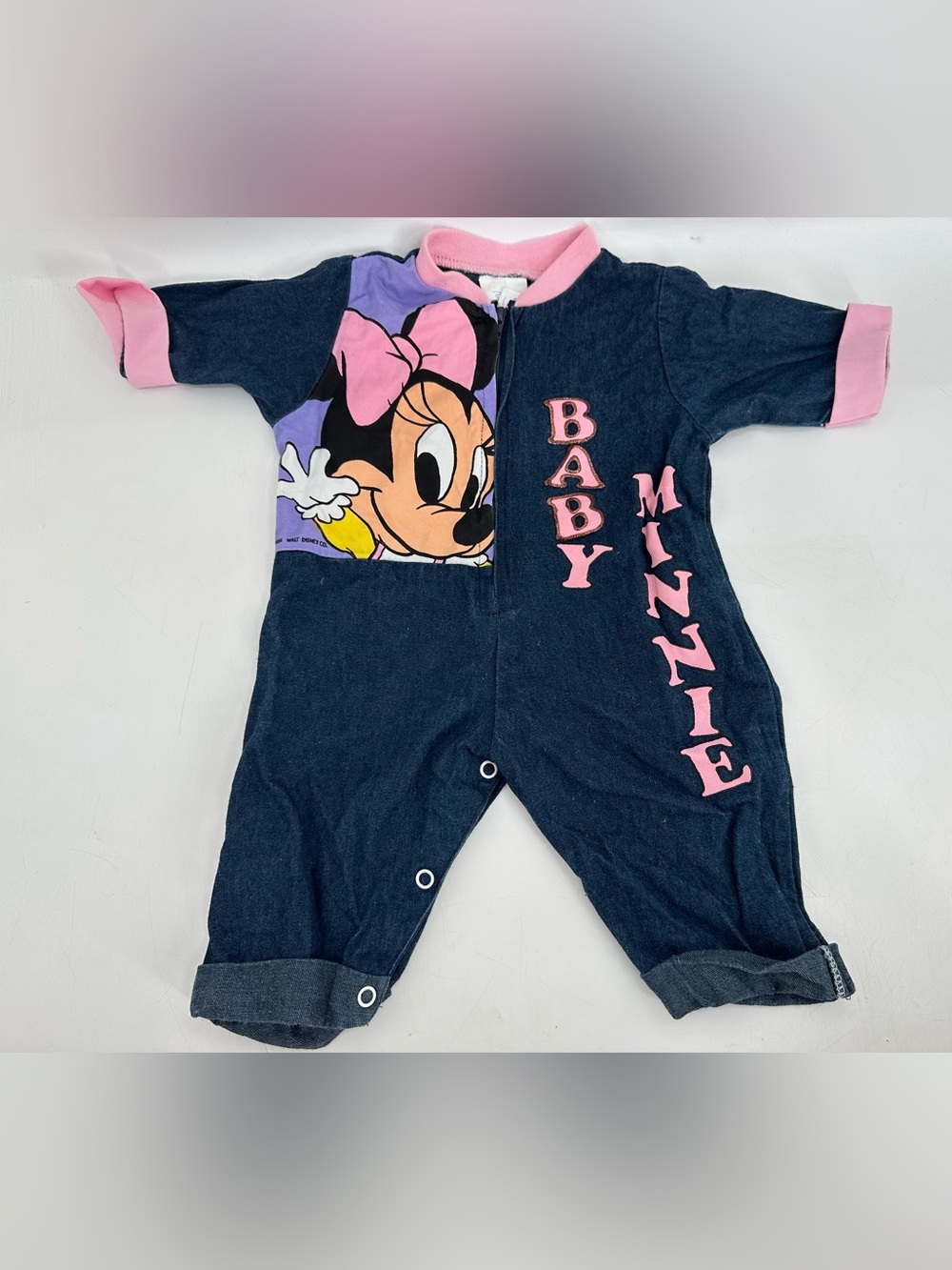 Vintage 1984 Disney Babies Minnie Mouse Denim Romper Baby 0-6M 80s RARE